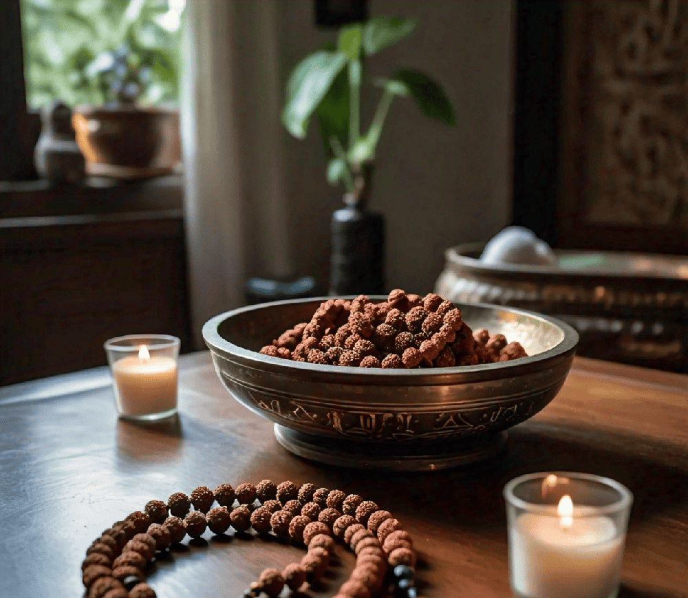 A vibrant display of various Rudraksha beads, showcasing their unique shapes and mukhis.